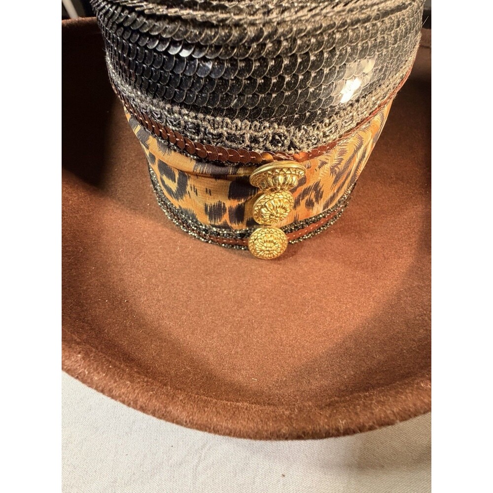 Vintage Hat Whittall &Shon Wool Felt Fedora BlackSequin Animal Print Gold Button